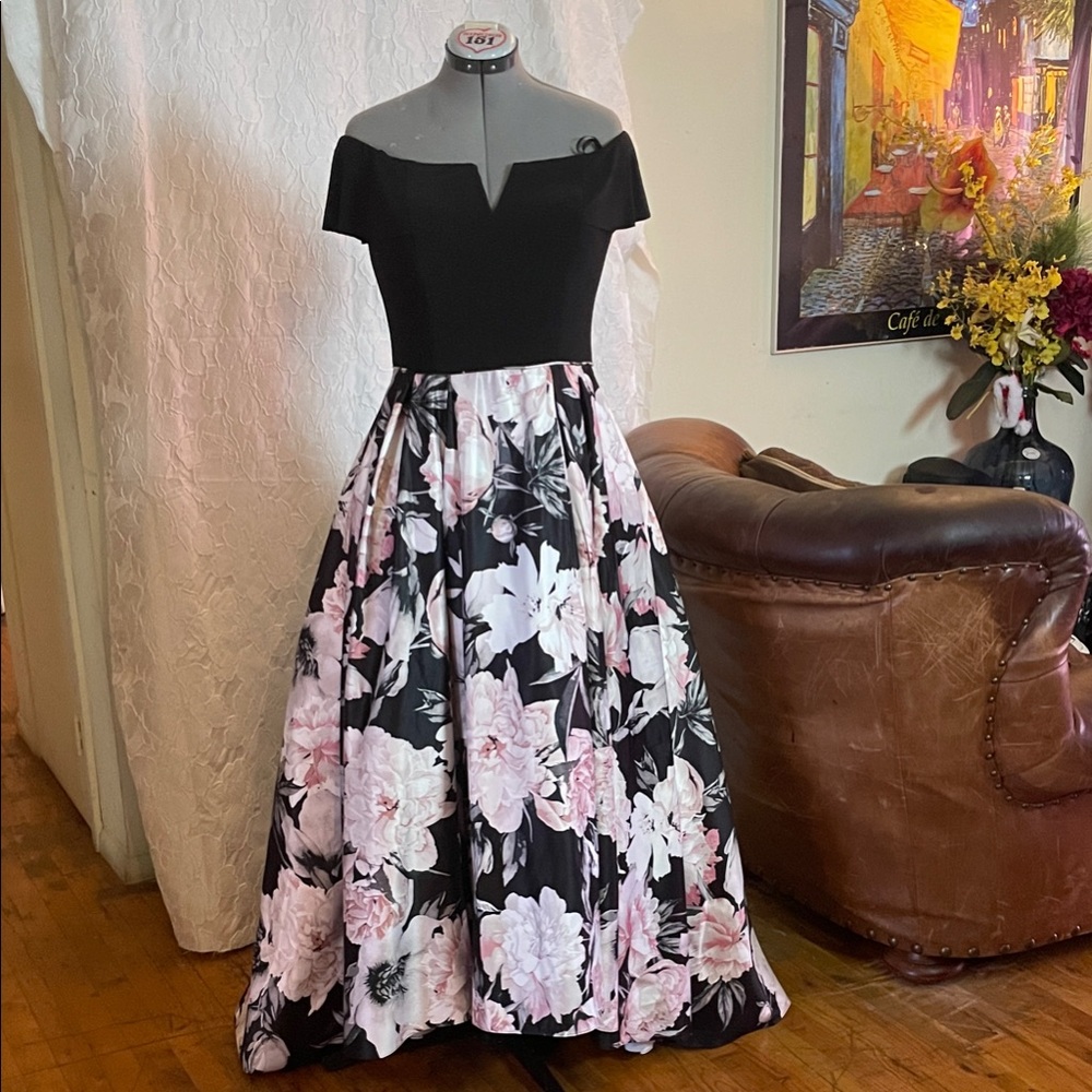 Betsy & Adam Off-Shoulder Black and Pink Floral Dress